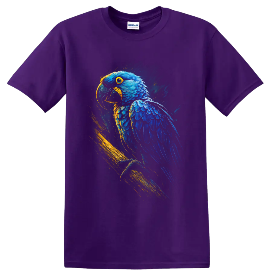 Blue macaw parrot portrait in vivid blue and gold painterly tropical art on a Purple T Shirt