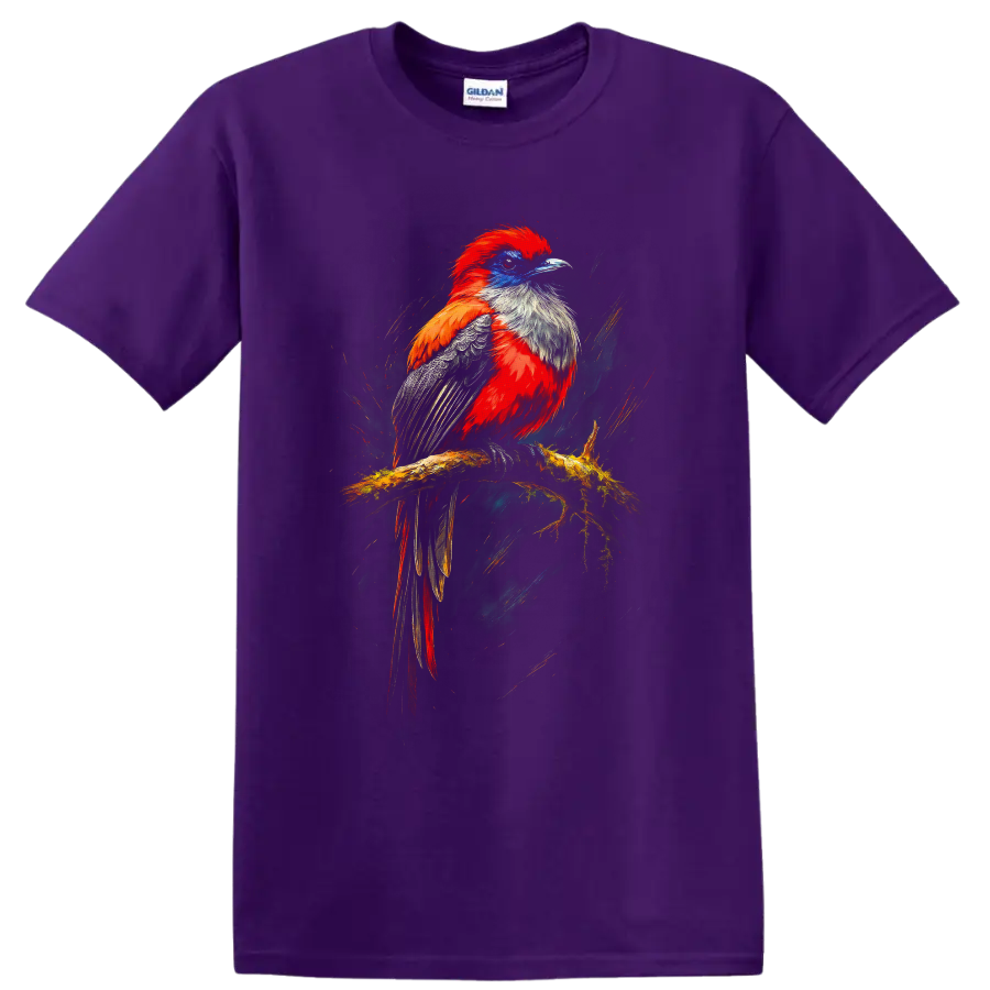 Vibrant trogon perched on a mossy branch in expressive painted wildlife art on a Purple T Shirt