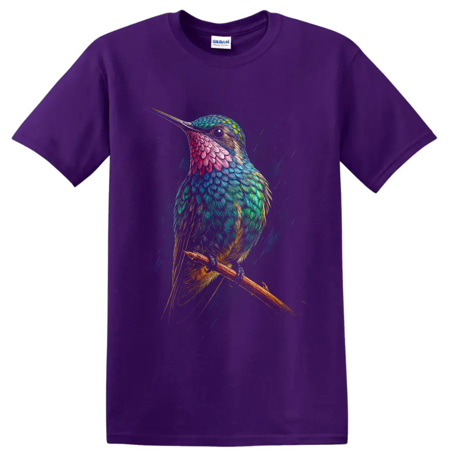 Colorful hummingbird perched on a branch in modern detailed feather art on a Purple T Shirt