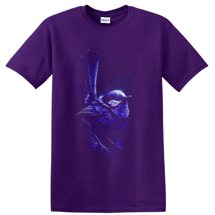 Superb fairywren in vivid blue dynamic wildlife sketch art with raised tail on a Purple T Shirt