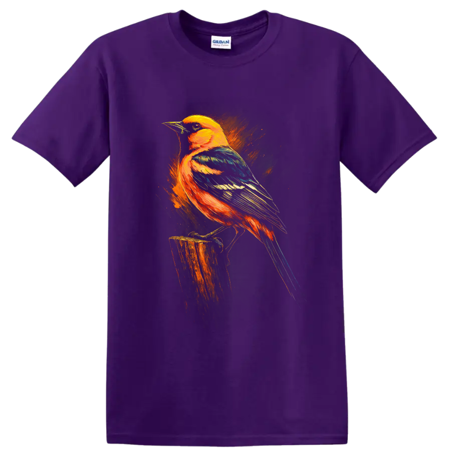 Baltimore oriole perched on a stump in vivid orange, teal, and blue painterly art on a Purple T Shirt