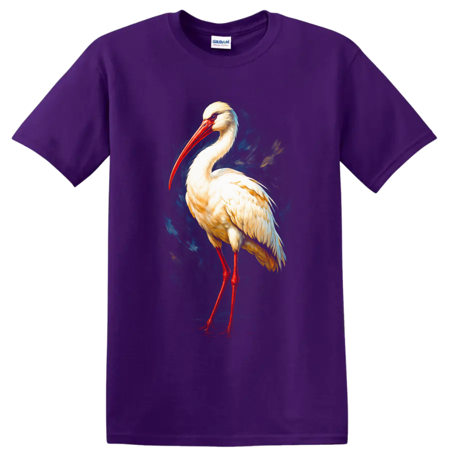 Modern painted white stork portrait with red bill and legs on blue brushstroke art on a Purple T Shirt