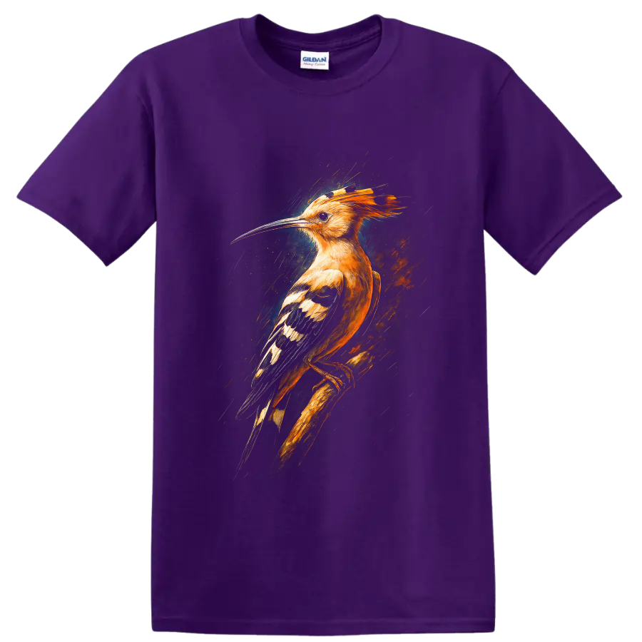 Dramatic painterly hoopoe bird with orange crest, curved bill, and patterned wings on a Purple T Shirt