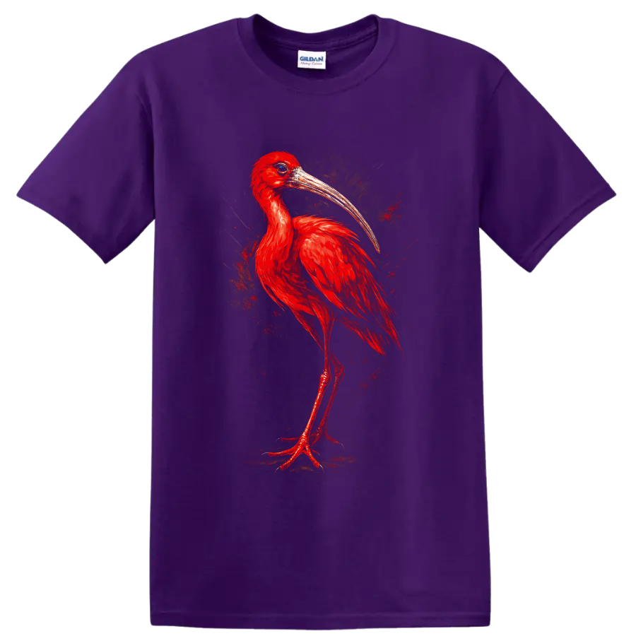Painterly scarlet ibis portrait with vivid red feathers and a long curved bill on a Purple T Shirt