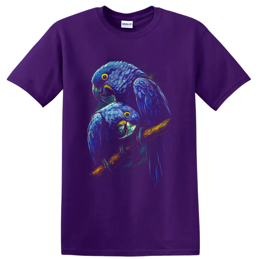 Two blue macaw parrots in vivid modern tropical wildlife illustration on a Purple T Shirt