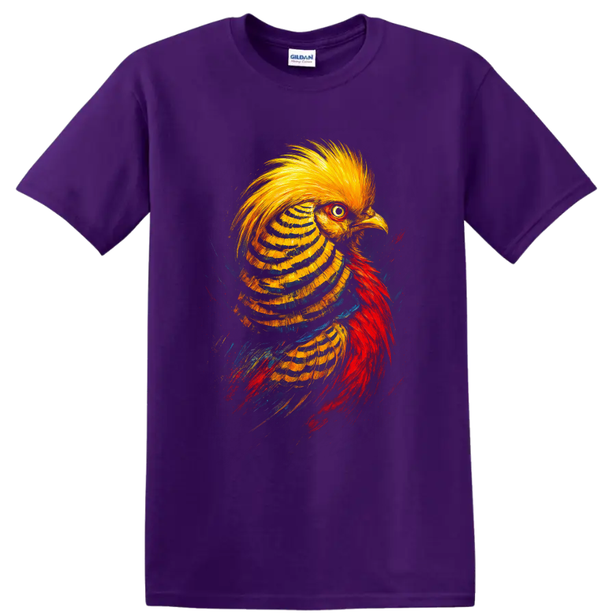 Vibrant painterly golden pheasant portrait with golden crest and red plumage on a Purple T Shirt