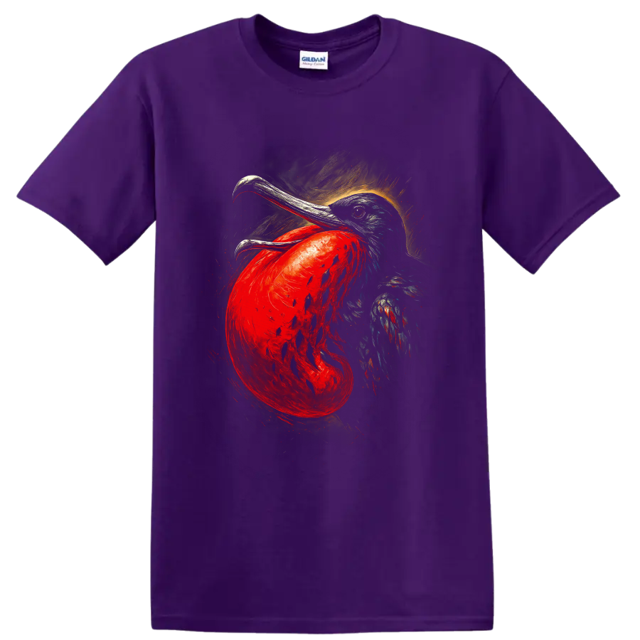 Great frigatebird portrait with red throat pouch in expressive painterly bird art on a Purple T Shirt