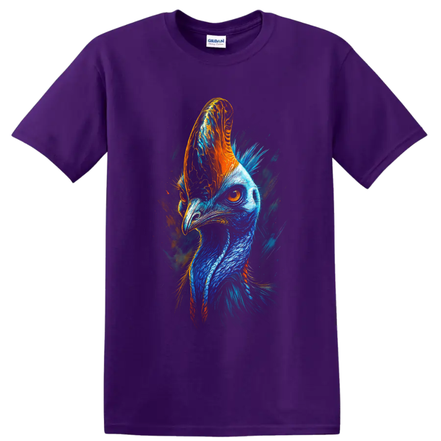 Vibrant blue and orange cassowary portrait in expressive painterly wildlife art on a Purple T Shirt