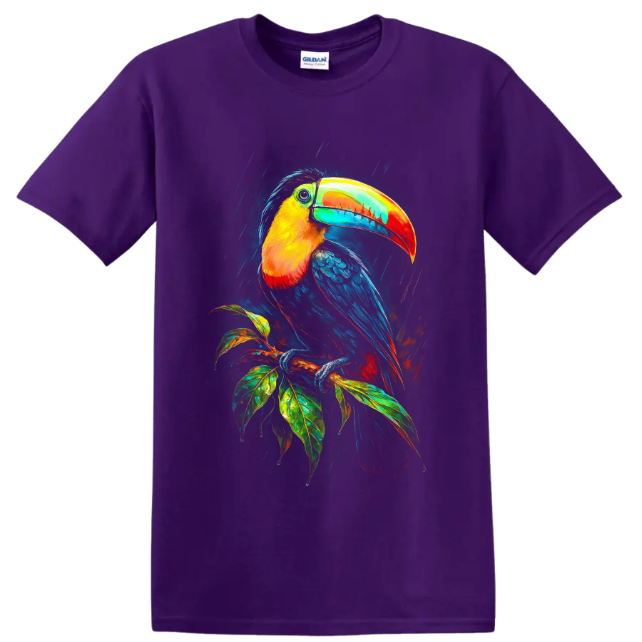 Colorful modern toucan illustration perched on a leafy tropical branch in rain on a Purple T Shirt