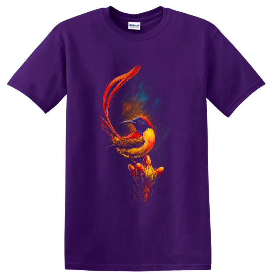 Vibrant painterly sunbird with red tail feathers perched above a dramatic flower on a Purple T Shirt