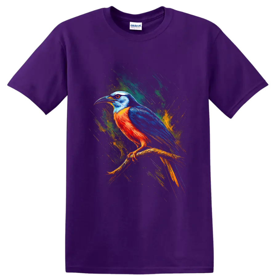 Colorful kingfisher perched on a branch in dynamic modern paint-splash art on a Purple T Shirt