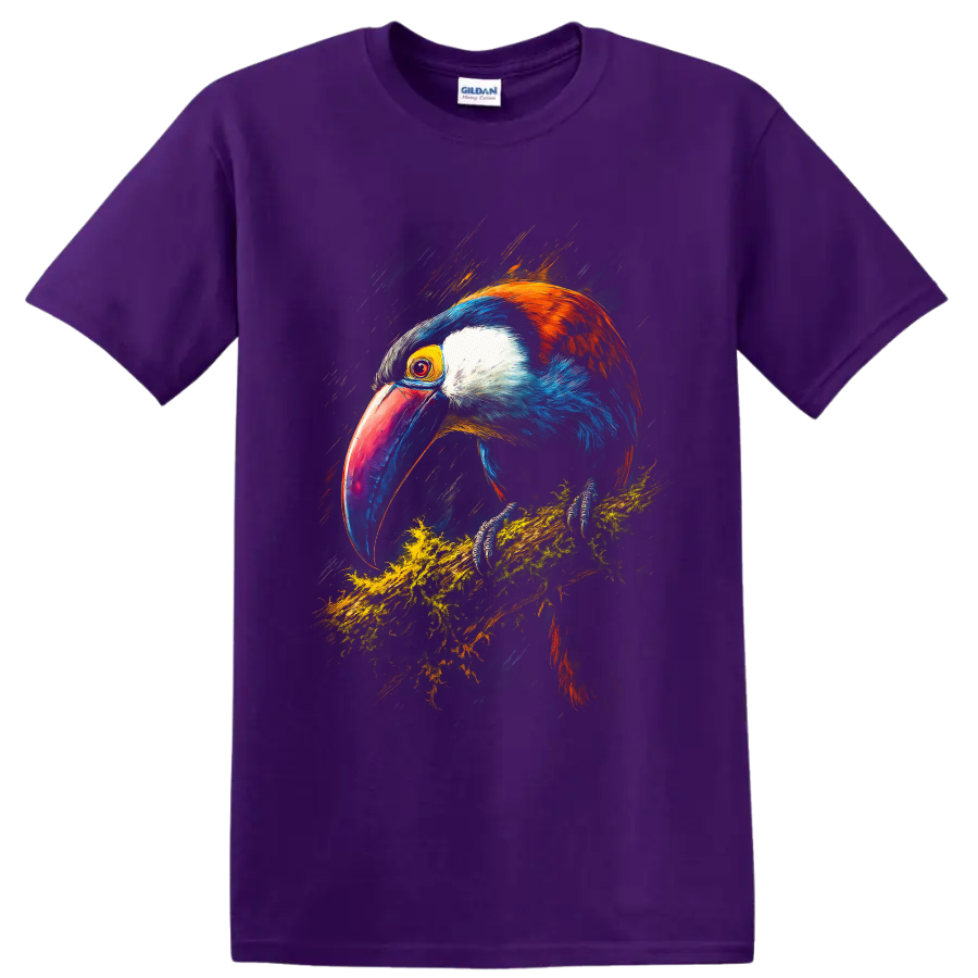 Vibrant painterly toucan perched on a mossy branch with a colorful oversized bill on a Purple T Shirt