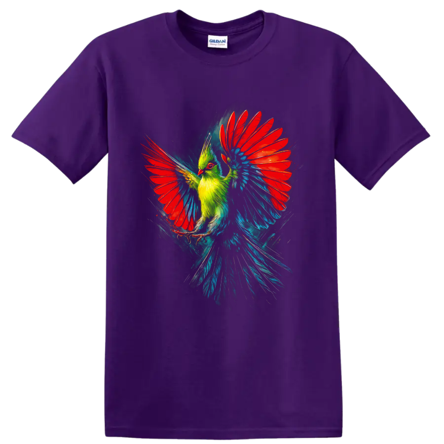 Painterly turaco in flight with vivid red wings, green crest, and teal-blue feathers on a Purple T Shirt