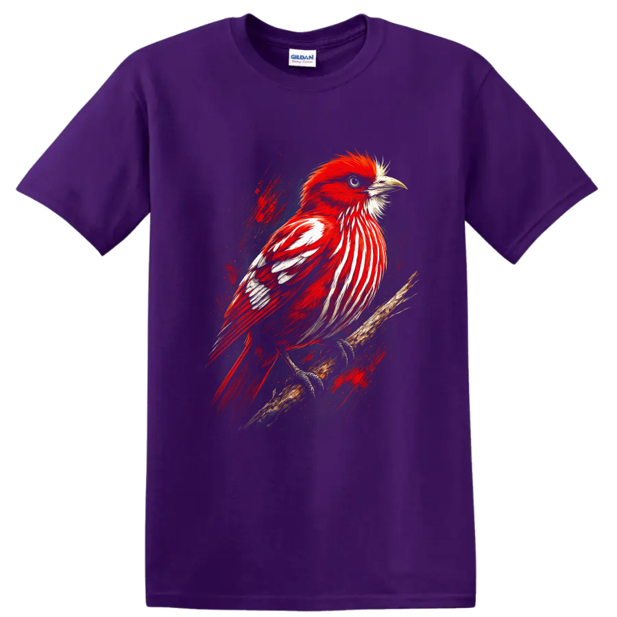 Red cardinal perched on a branch in dramatic painterly wildlife art on a Purple T Shirt