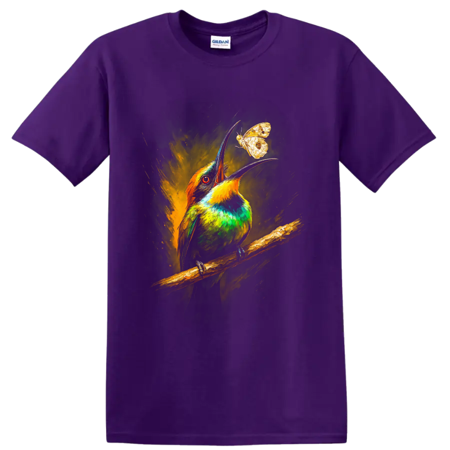 Colorful bee-eater bird reaching toward a butterfly in painterly wildlife art on a Purple T Shirt