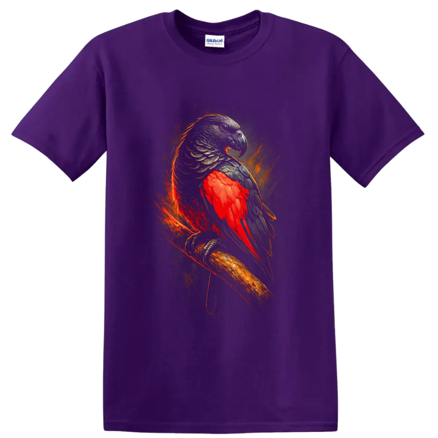 Dramatic Pesquet's parrot artwork with red plumage, dark feathers, and fiery brushstrokes on a Purple T Shirt