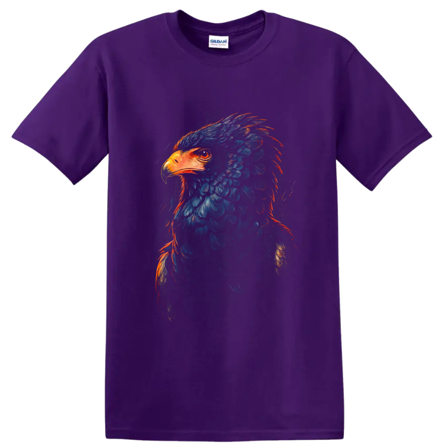 Bald eagle portrait in dramatic blue feathers with fiery orange painterly accents on a Purple T Shirt
