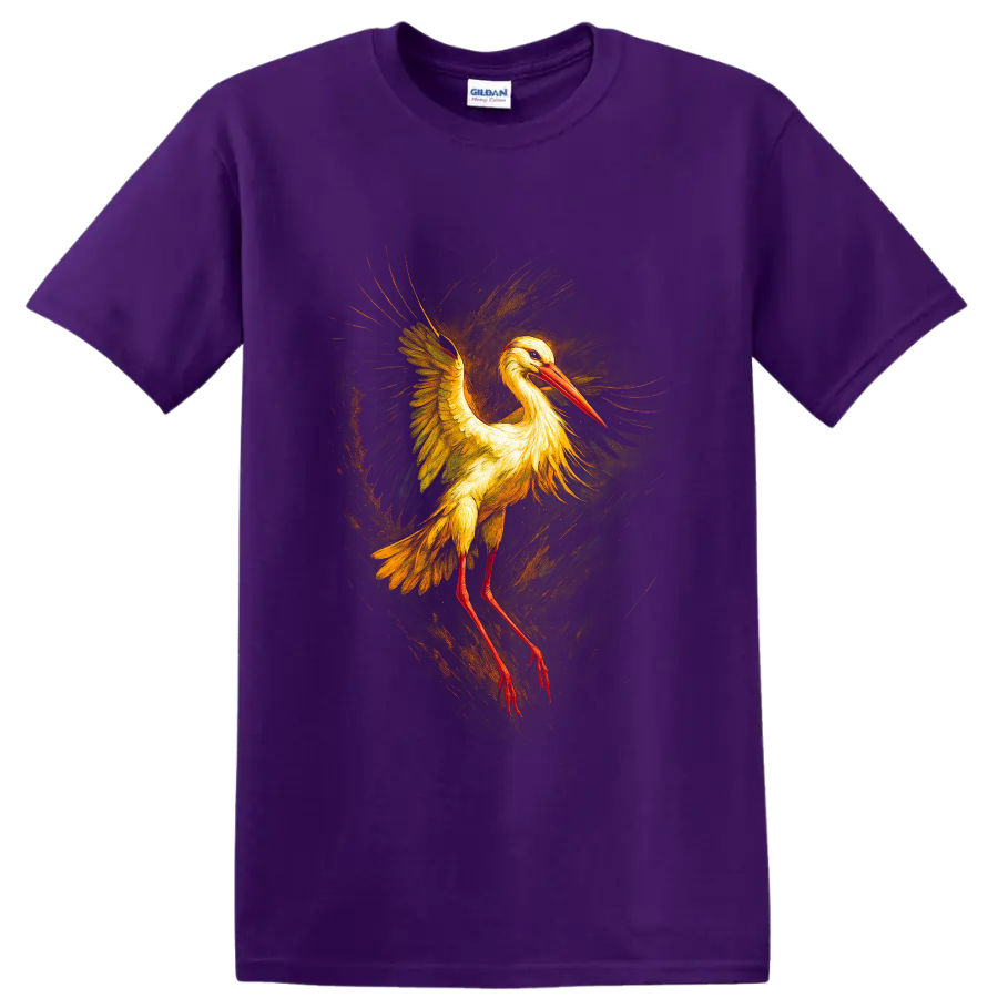 Painterly white stork in flight with golden wings, red bill, and swirling brushwork on a Purple T Shirt
