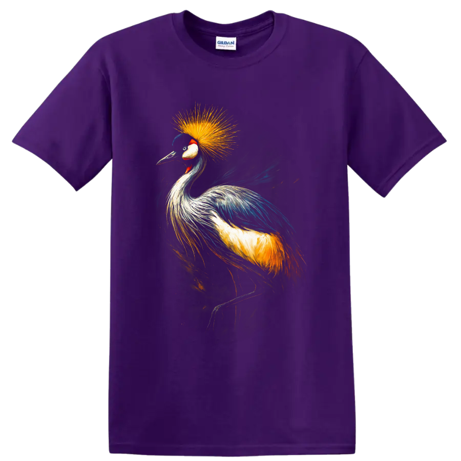 Painterly grey crowned crane portrait with a radiant golden feather crown on a Purple T Shirt