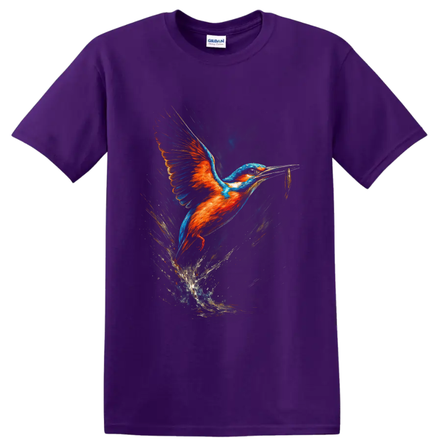 Colorful painterly kingfisher flying with a fish above a dramatic water splash on a Purple T Shirt