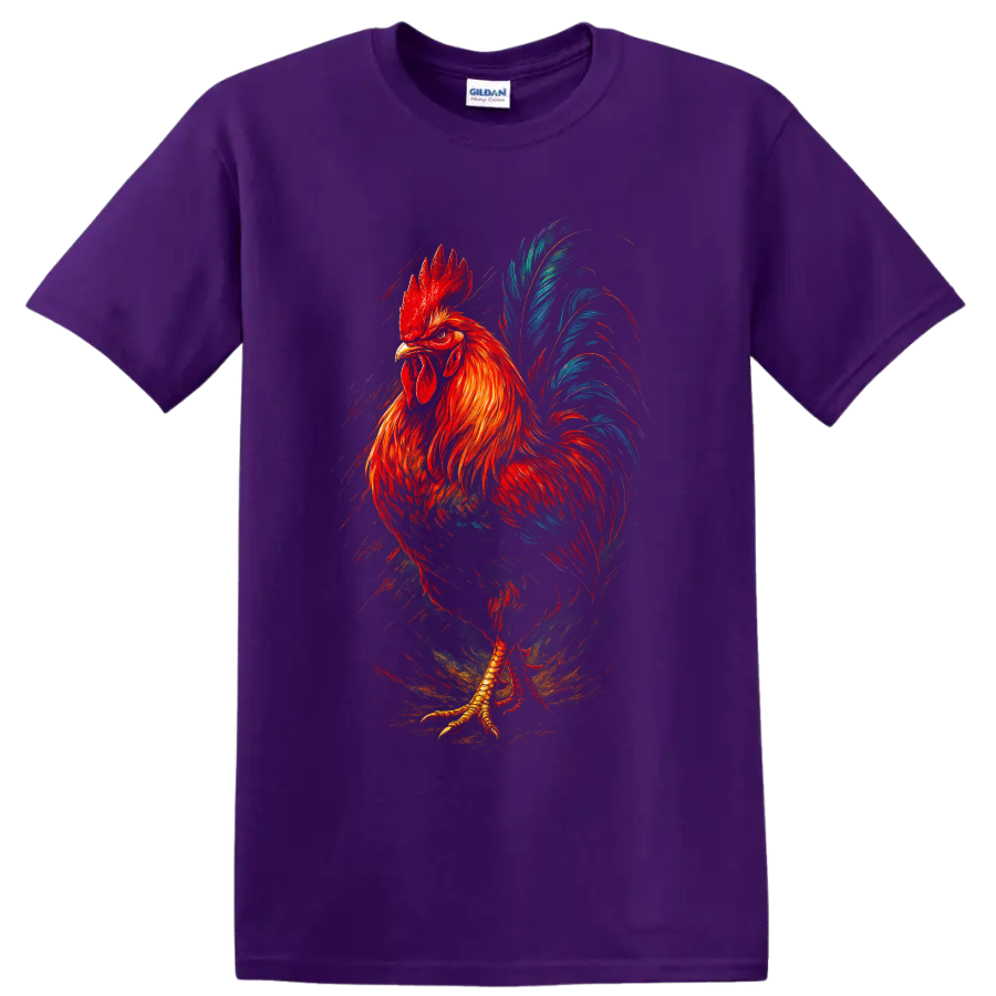 Modern painted rooster with red-orange feathers and sweeping teal-blue tail on a Purple T Shirt