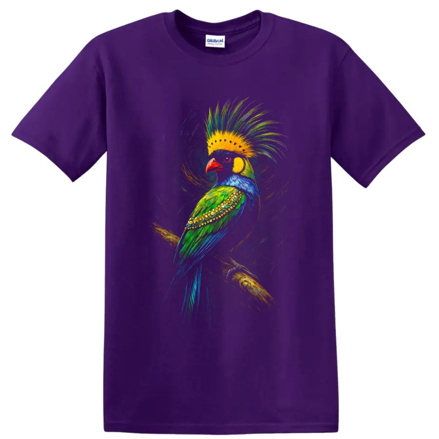 Colorful crested tropical bird in dynamic painted wildlife art perched on a branch on a Purple T Shirt