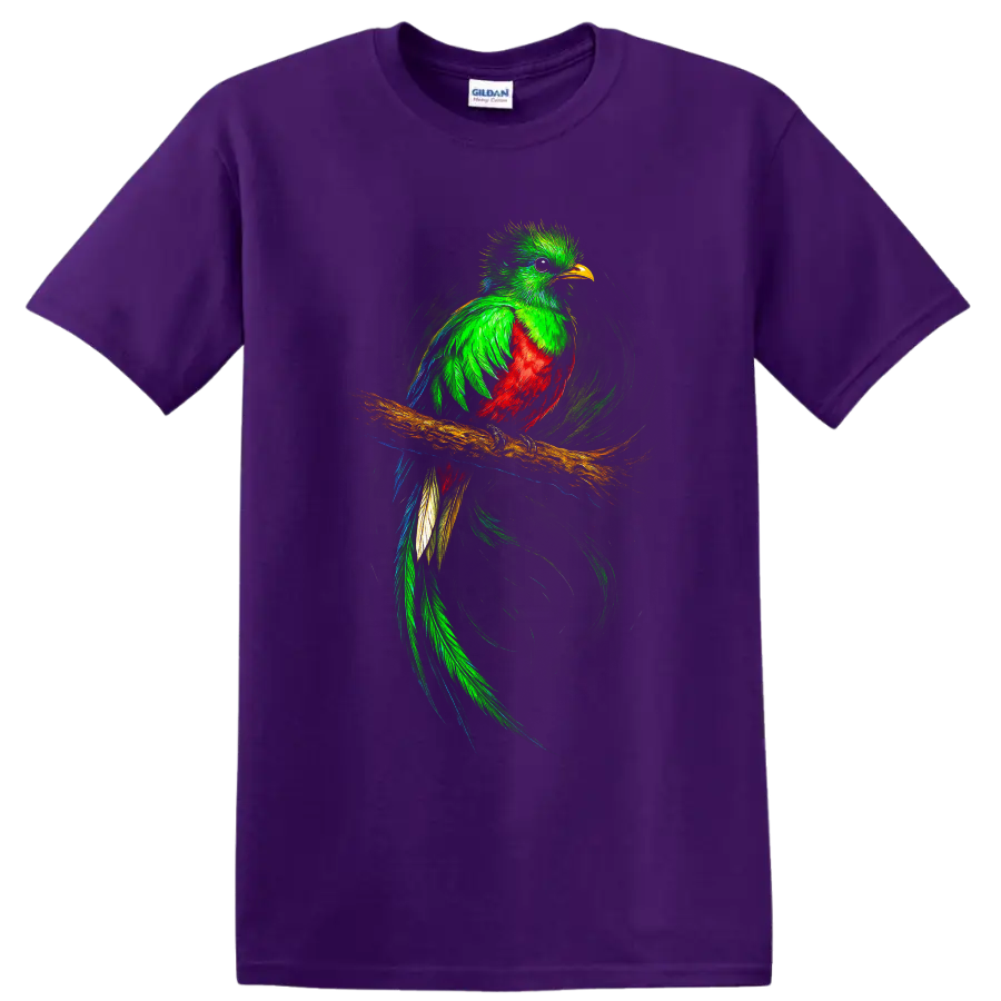 Vibrant quetzal perched on a branch with flowing tail and swirling brushstroke art on a Purple T Shirt