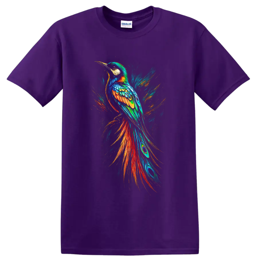 Colorful hornbill in dynamic painterly tropical bird art with flowing feathered tail on a Purple T Shirt