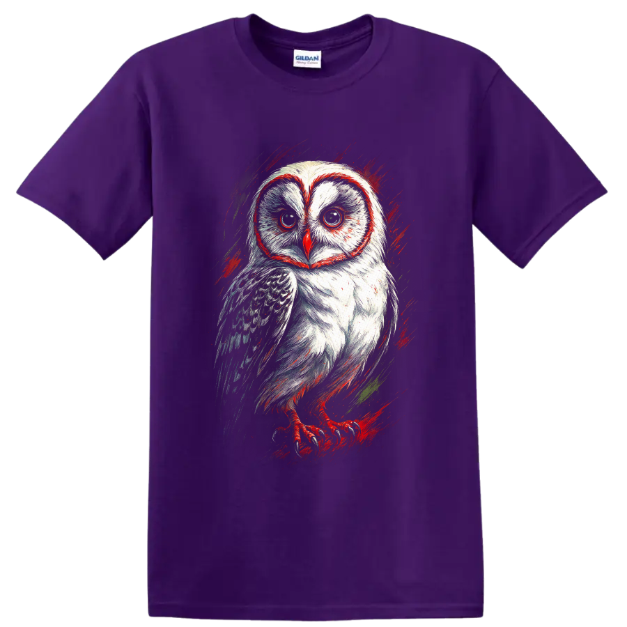 Stylized barn owl portrait in dynamic red and green sketch art on a Purple T Shirt