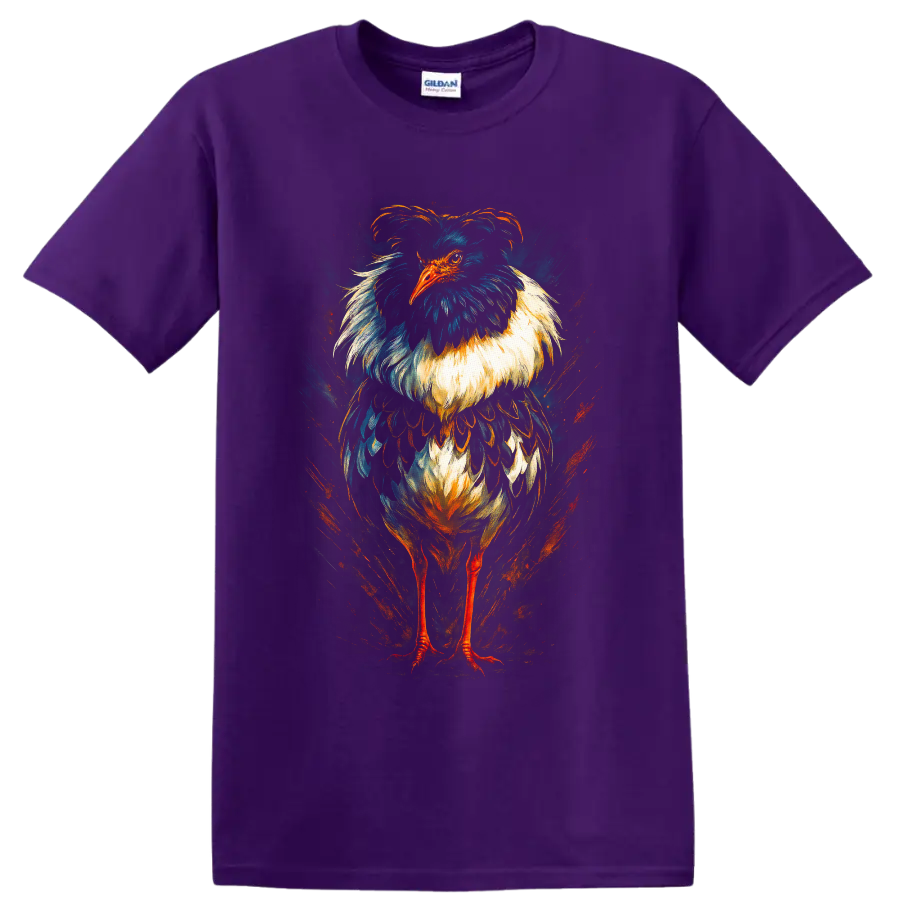 Dramatic painterly secretary bird portrait with teal, cream, and orange feather details on a Purple T Shirt