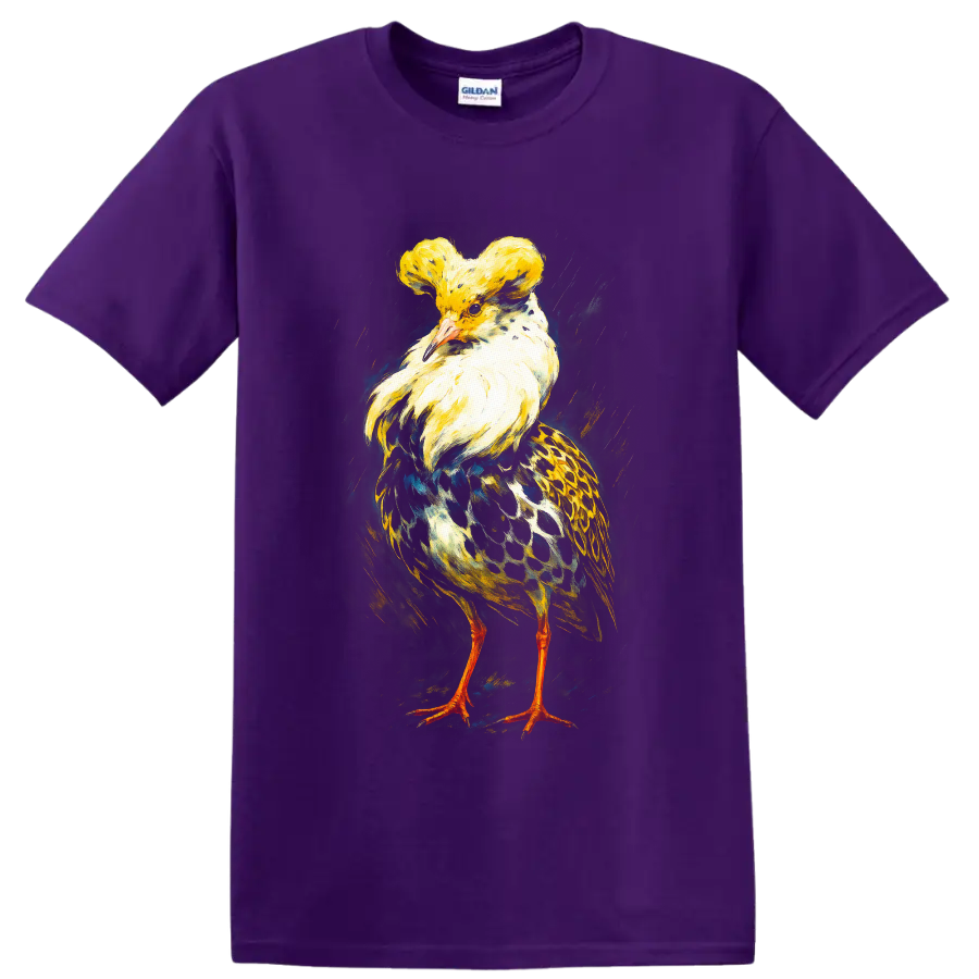 Crested pigeon in colorful realistic painterly wildlife art with a golden crest on a Purple T Shirt