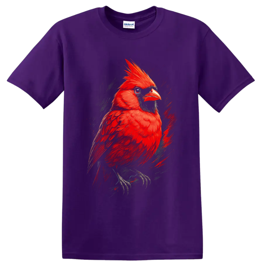 Vibrant red cardinal portrait in painterly brush-stroke wildlife art on a Purple T Shirt