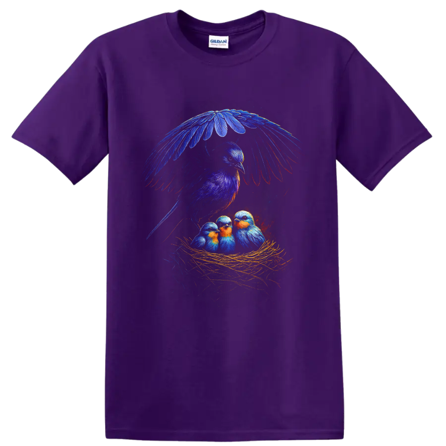 Colorful bluebird parent sheltering three nestlings in a straw nest wildlife illustration on a Purple T Shirt