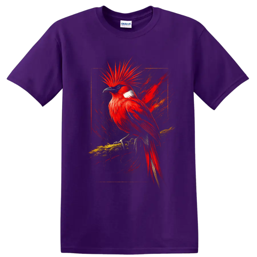 Red-crested cardinal in vivid painterly tropical wildlife art on a branch on a Purple T Shirt