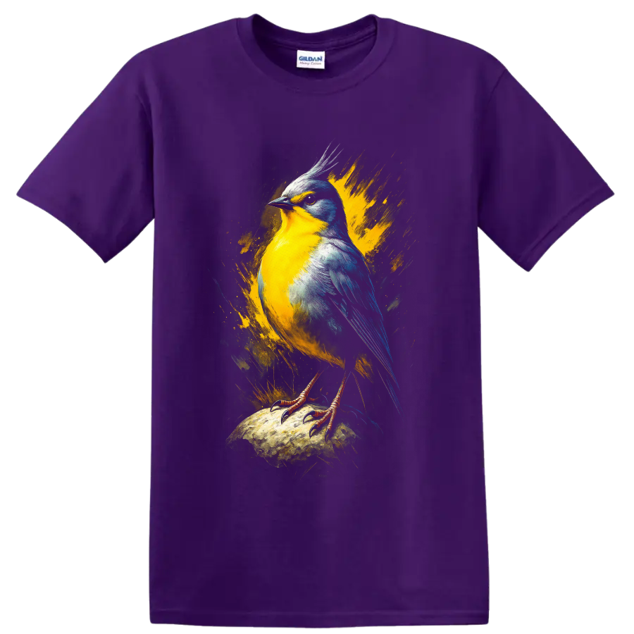 Colorful crested songbird in yellow and blue paint-splash wildlife art on a Purple T Shirt