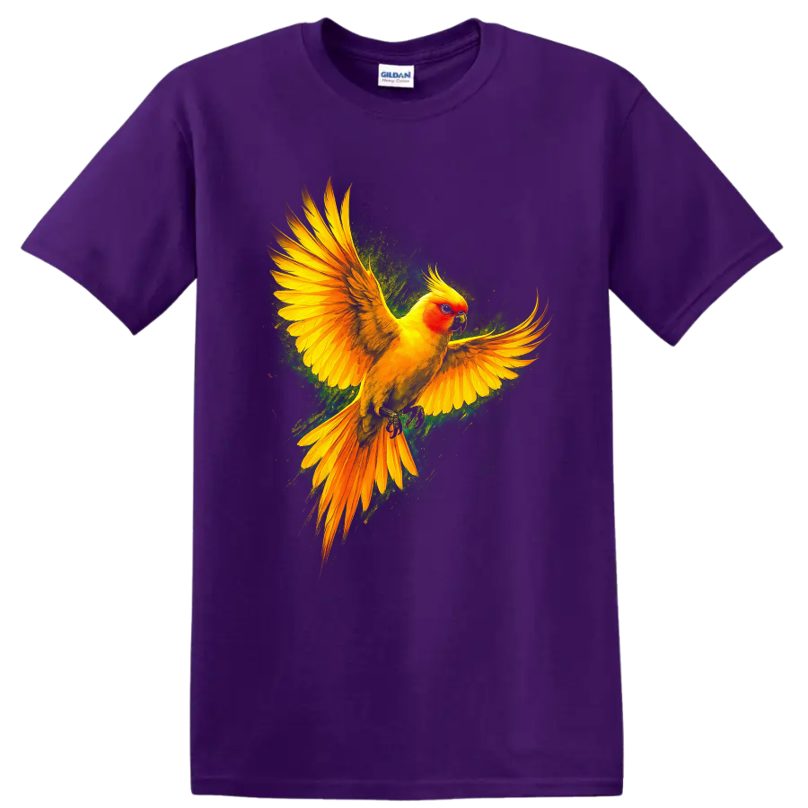 Sun conure parrot in flight with vivid tropical wildlife art on a Purple T Shirt