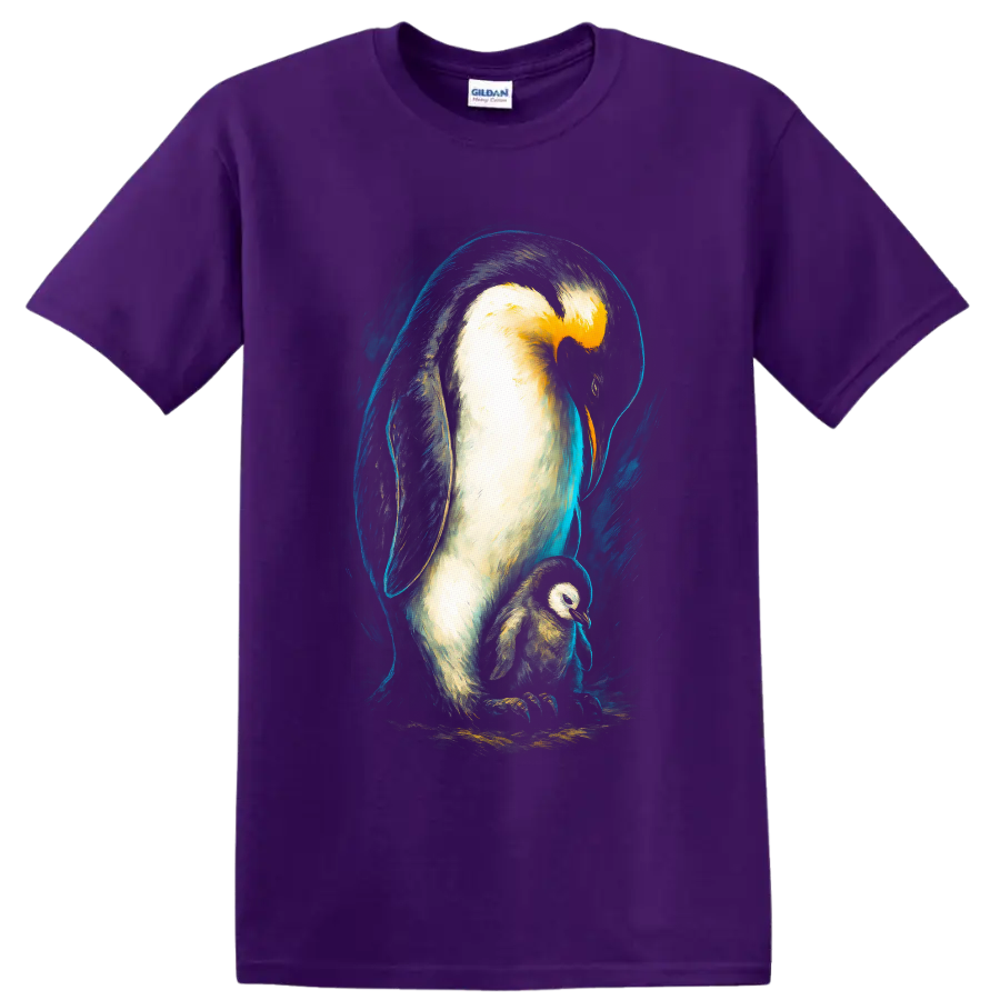 Painterly emperor penguin parent and chick in dramatic blue Antarctic brushstrokes on a Purple T Shirt