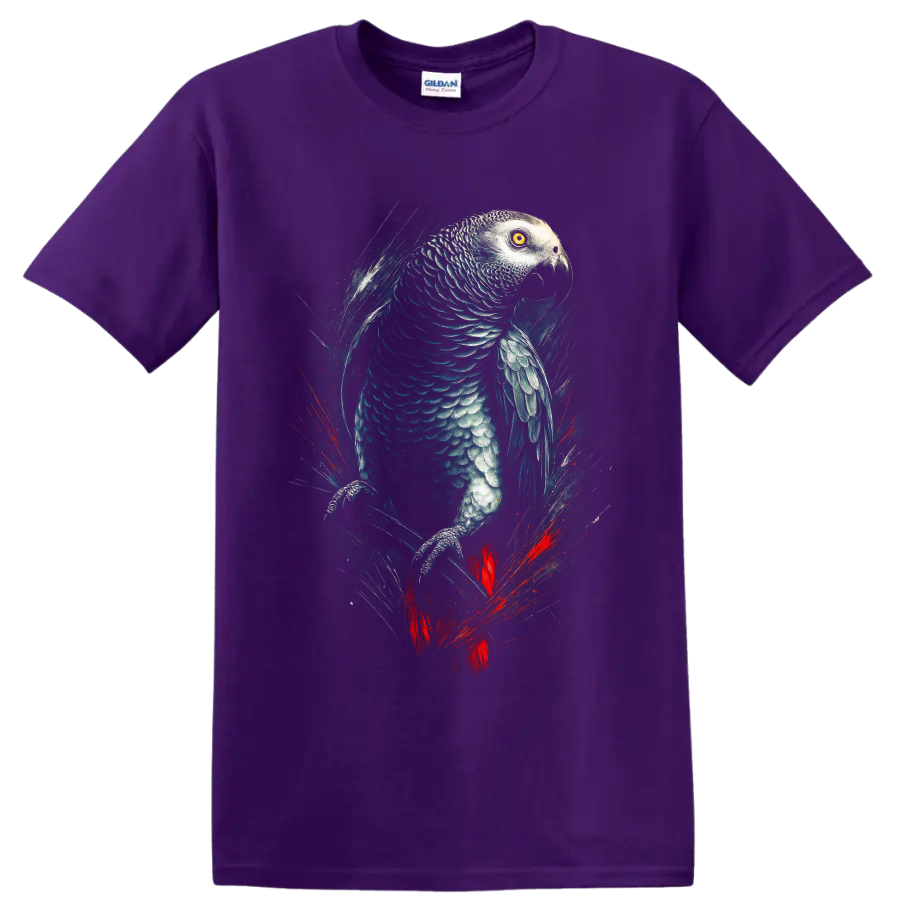 Realistic African grey parrot artwork with teal feathers, golden eye, and red tail on a Purple T Shirt