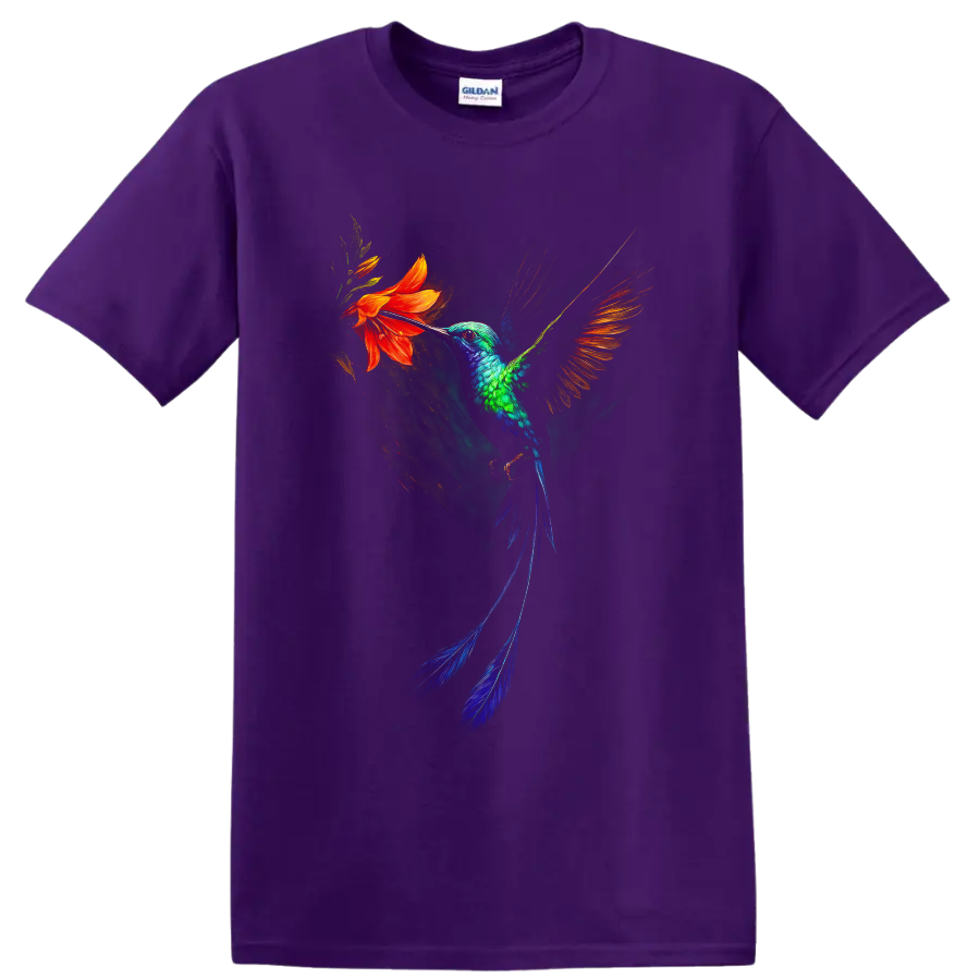 Vibrant painterly hummingbird hovering beside an orange flower on a Purple T Shirt