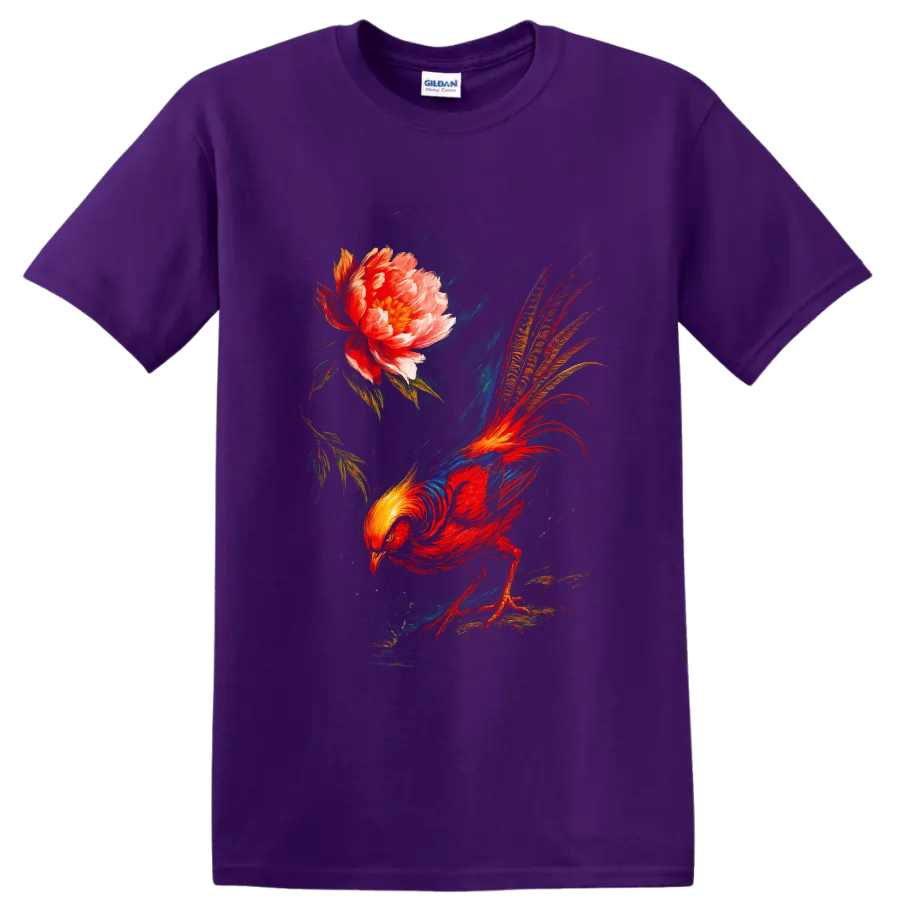 Painterly golden pheasant with long patterned tail beside a blooming peony on a Purple T Shirt