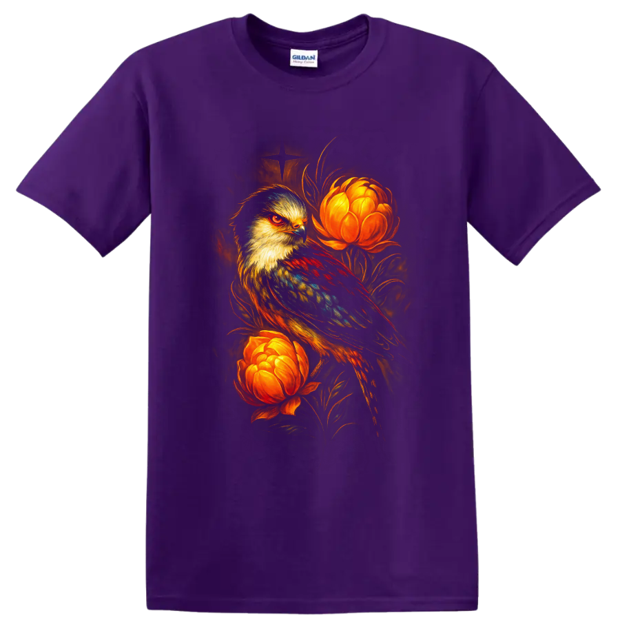 Stylized falcon with glowing orange flowers in dramatic painterly wildlife art on a Purple T Shirt