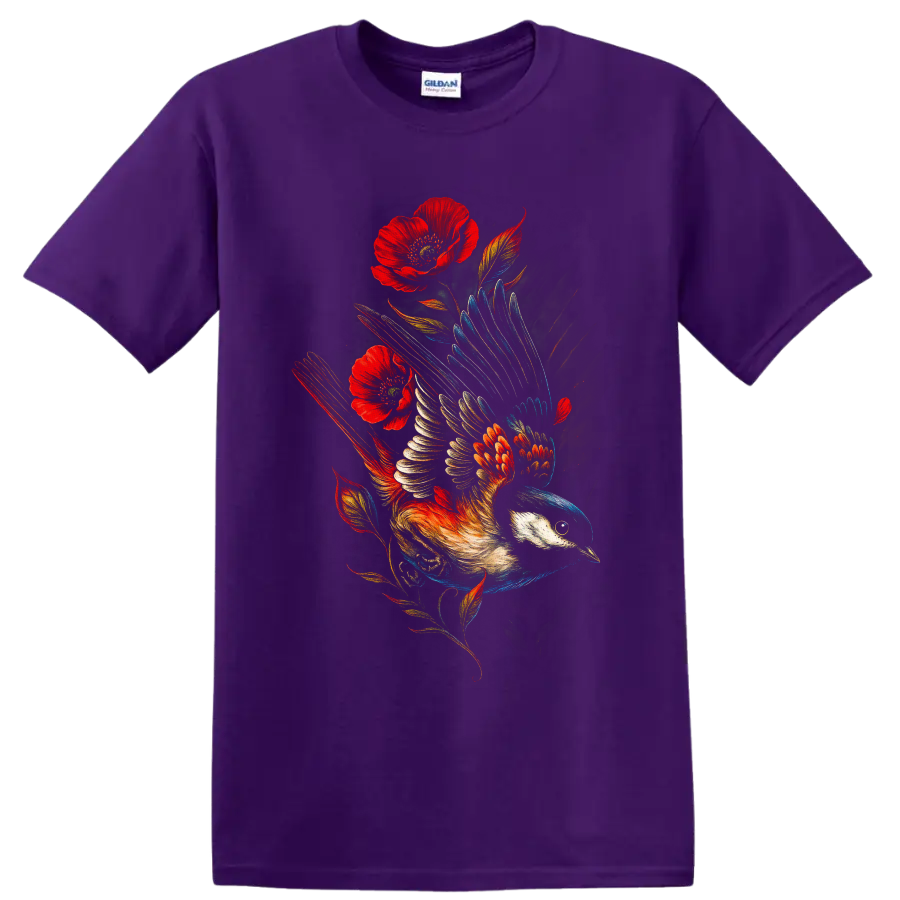 Black-capped chickadee in flight with red poppies in vivid painterly wildlife art on a Purple T Shirt