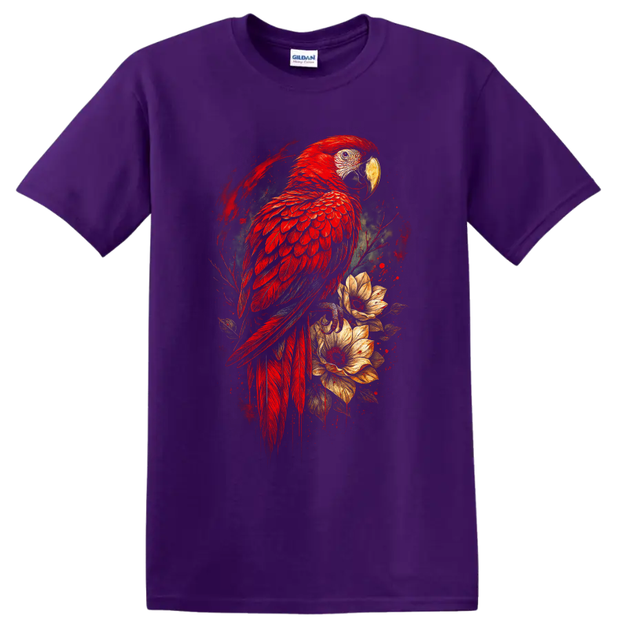 Scarlet macaw parrot with tropical flowers in vivid painterly bird art on a Purple T Shirt