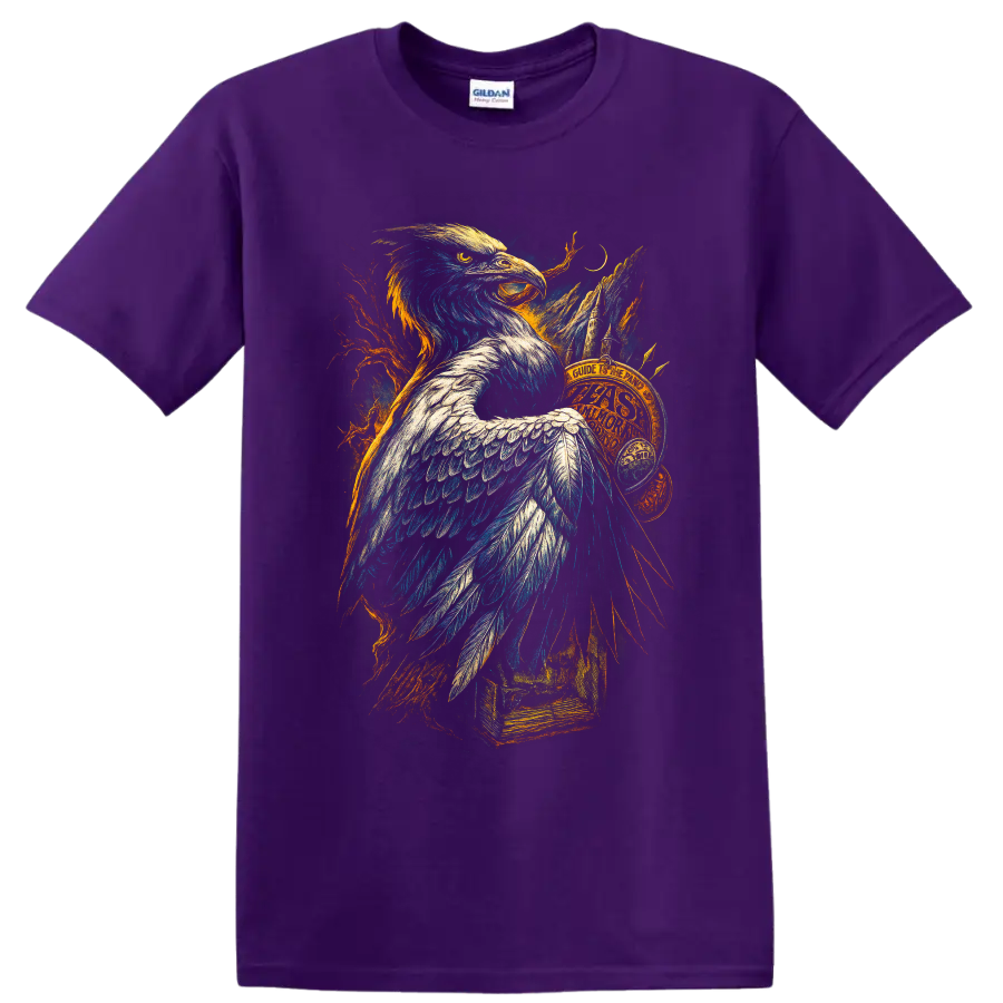 Bald eagle fantasy illustration with mountains, crescent moon, branches, and vintage book on a Purple T Shirt