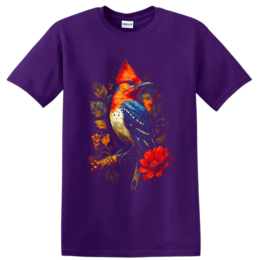 Crested woodpecker with autumn leaves, berries, and red flower in painterly art on a Purple T Shirt