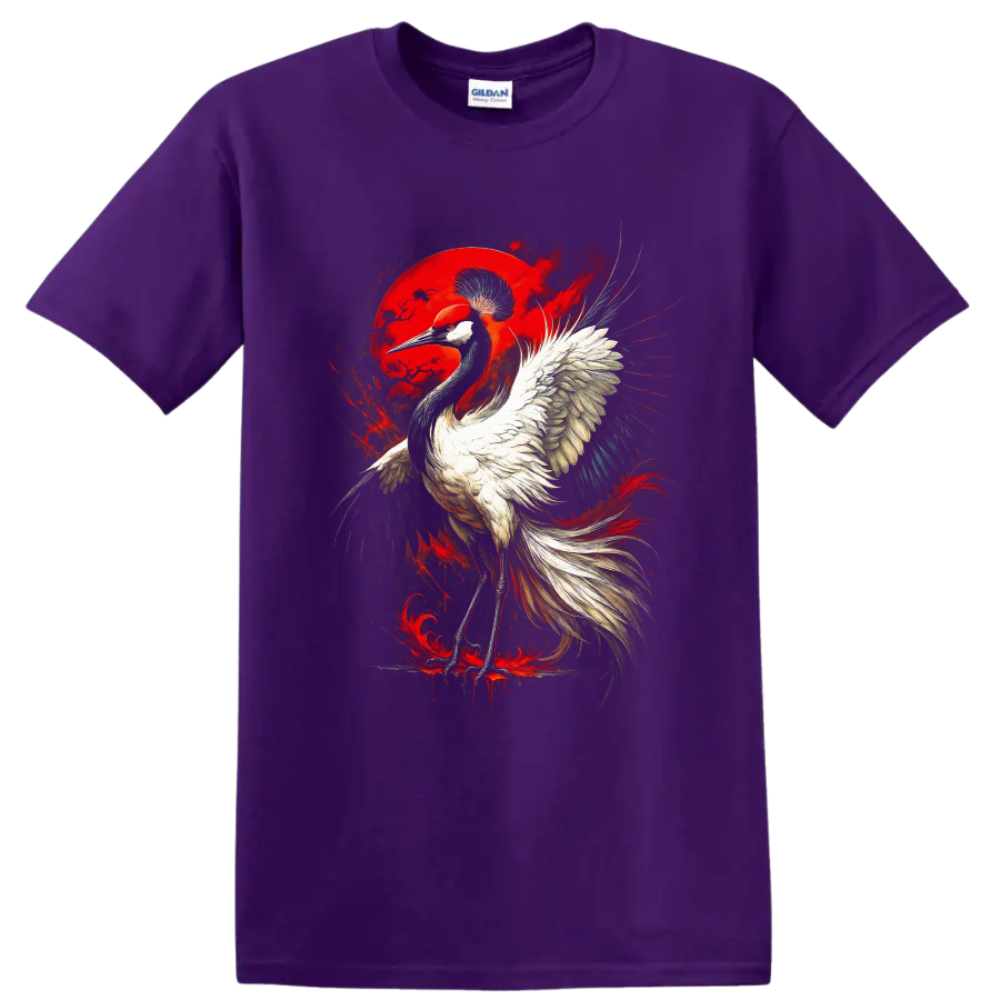 Red-crowned crane with sweeping wings before a crimson moon in gothic bird art on a Purple T Shirt