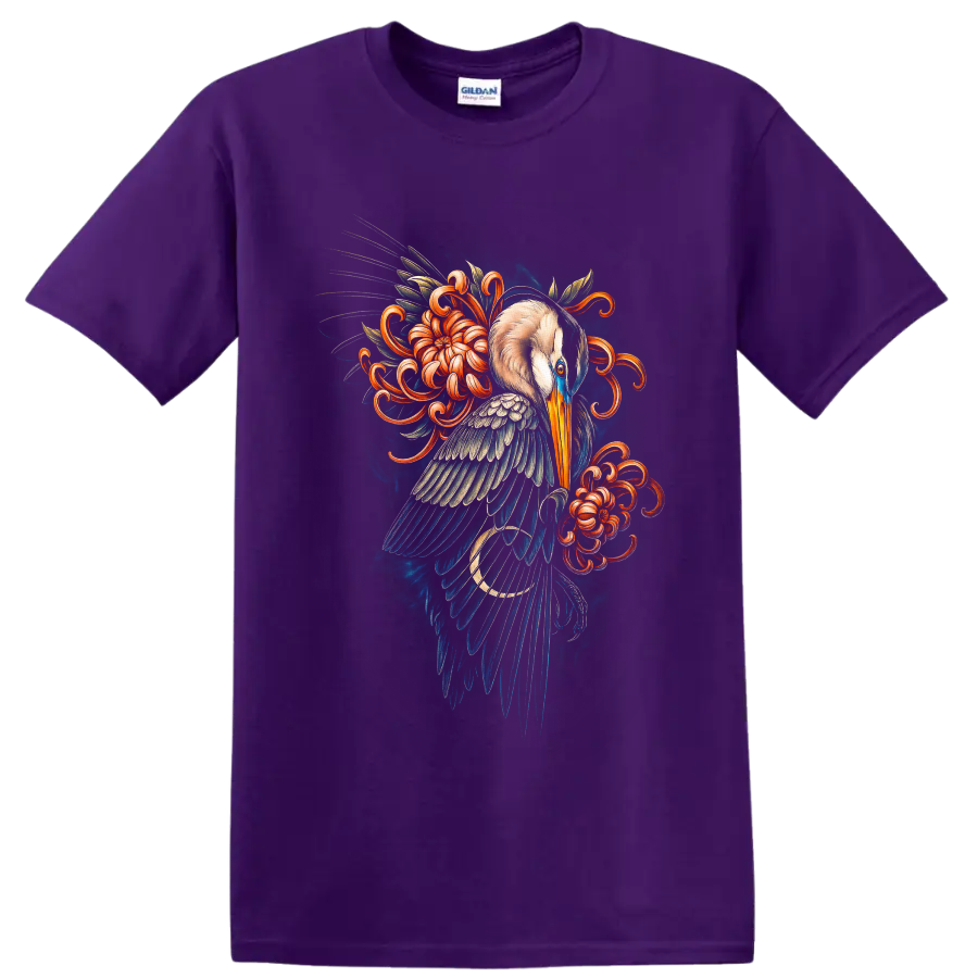 Japanese-inspired heron illustration with blue feathers and curling orange flowers on a Purple T Shirt