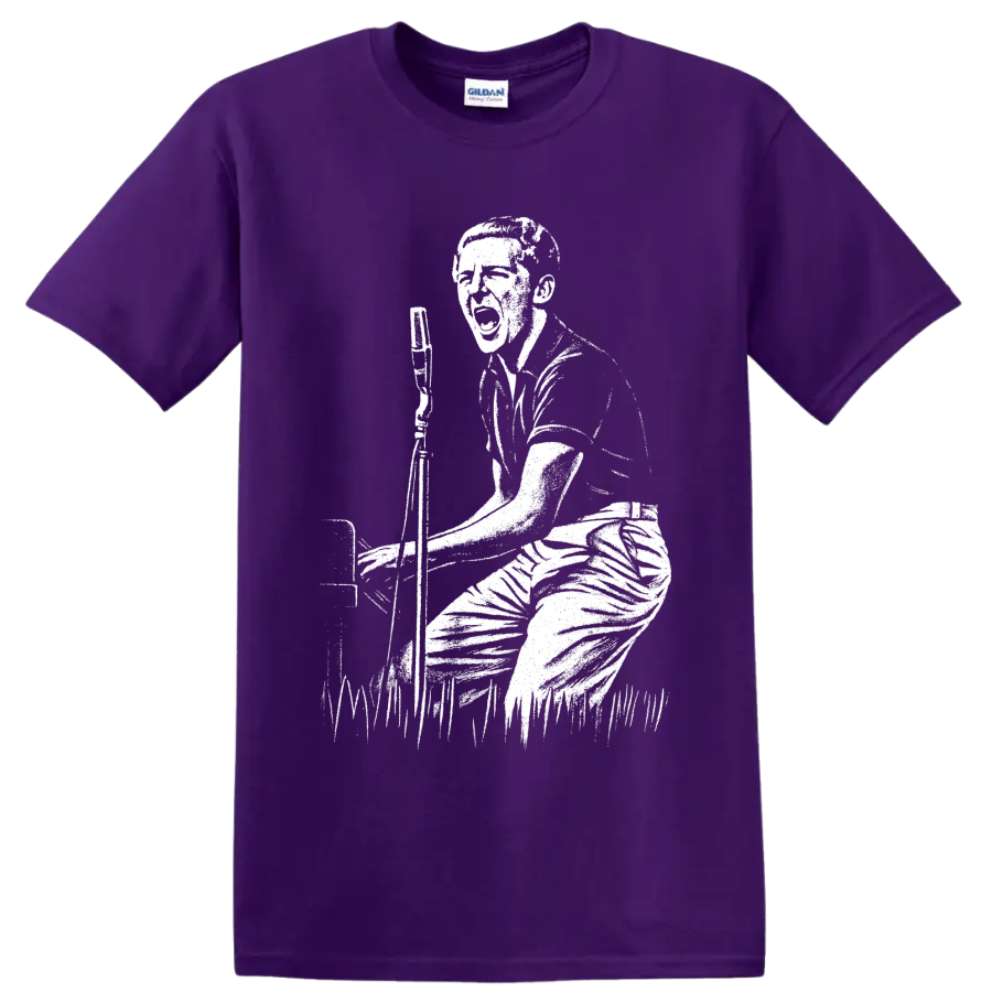 Jerry Lee Lewis black-and-white graphic of a pianist performing at a piano on a T - Purple