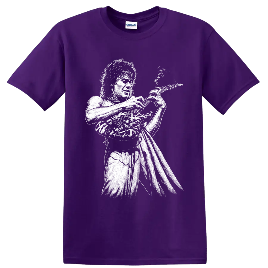 High-contrast Eddie Van Halen guitarist portrait graphic on a T shirt on a Purple T Shirt