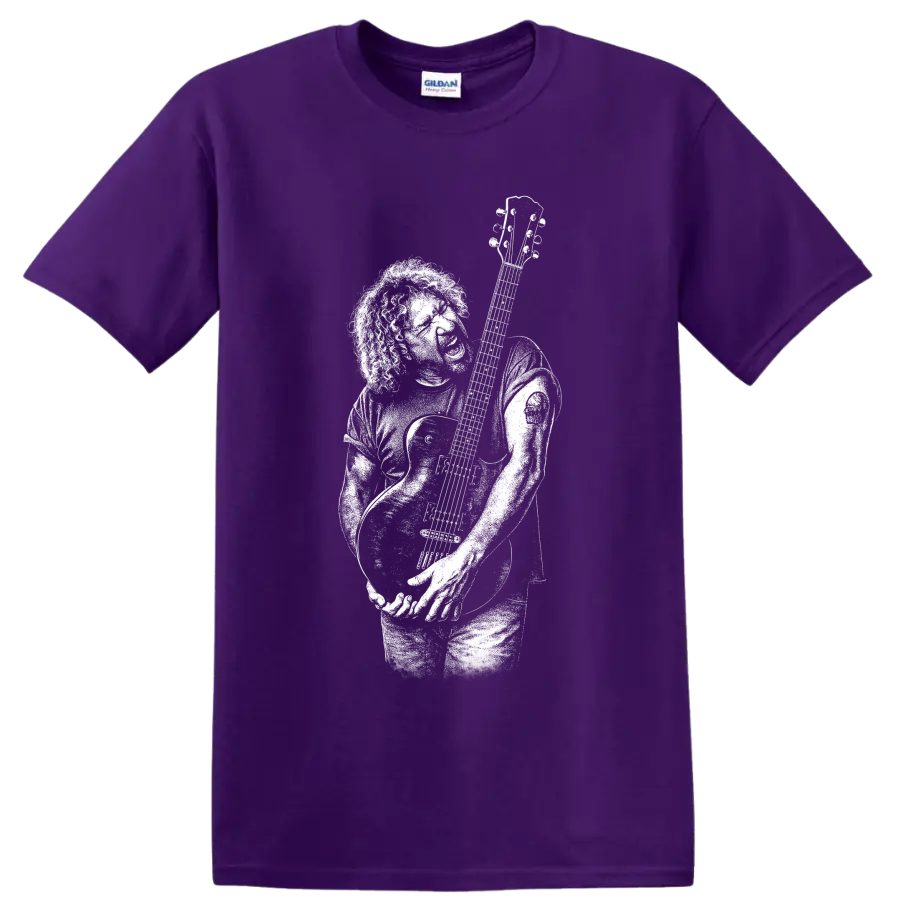 Jerry Garcia guitarist portrait graphic print T shirt design on a Purple T Shirt